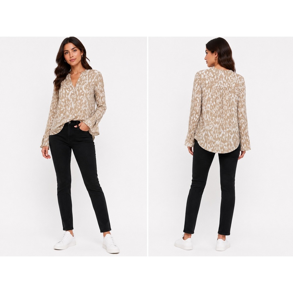 Vince Camuto Blouse Womens Medium Tan Abstract Animal Print V-Neck Office Chic